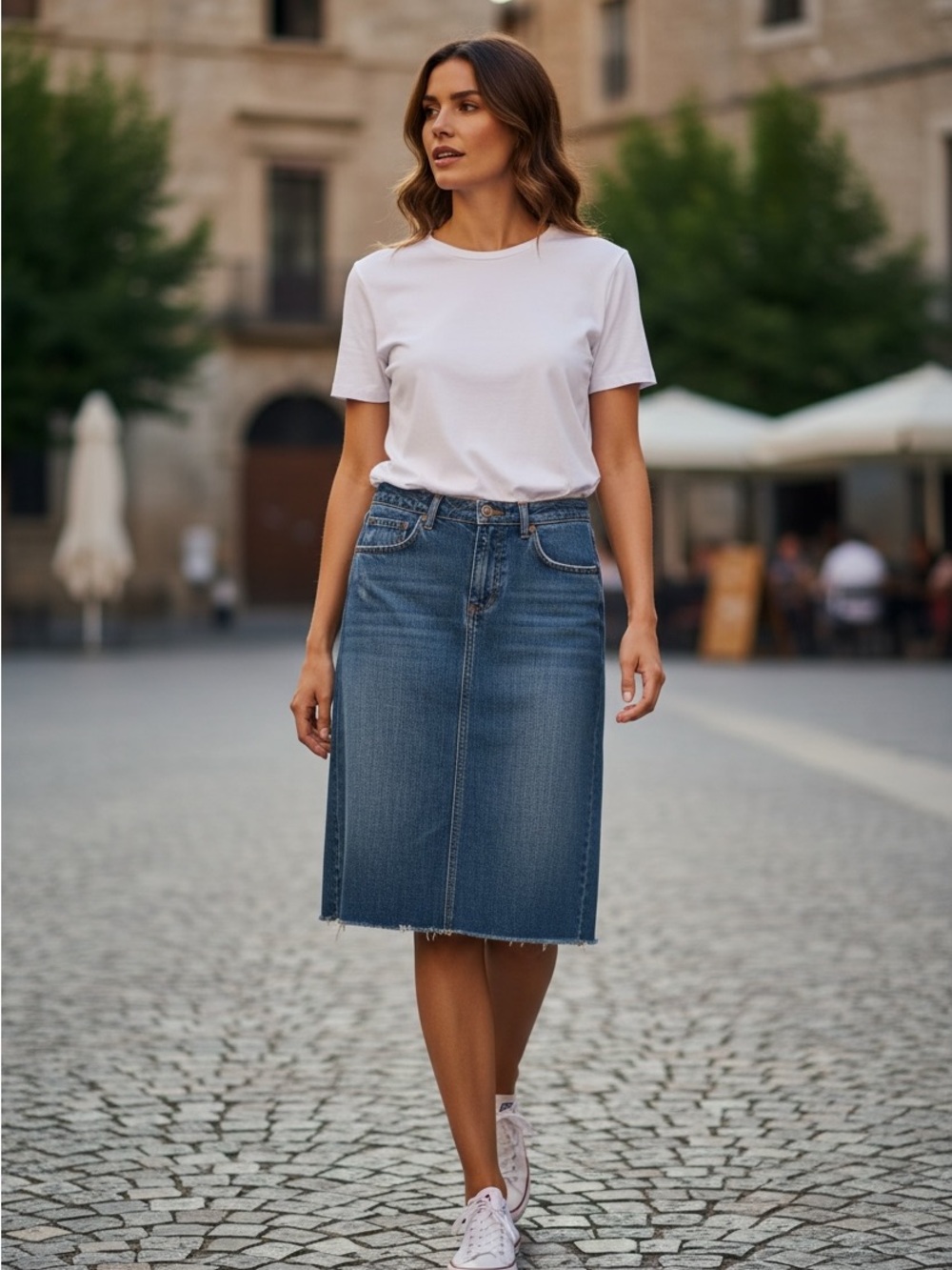David Kahn Denim Midi Skirt Size 30 Raw Hem Blue Jean Skirt